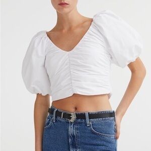 White Gathered Puff-sleeved Top
